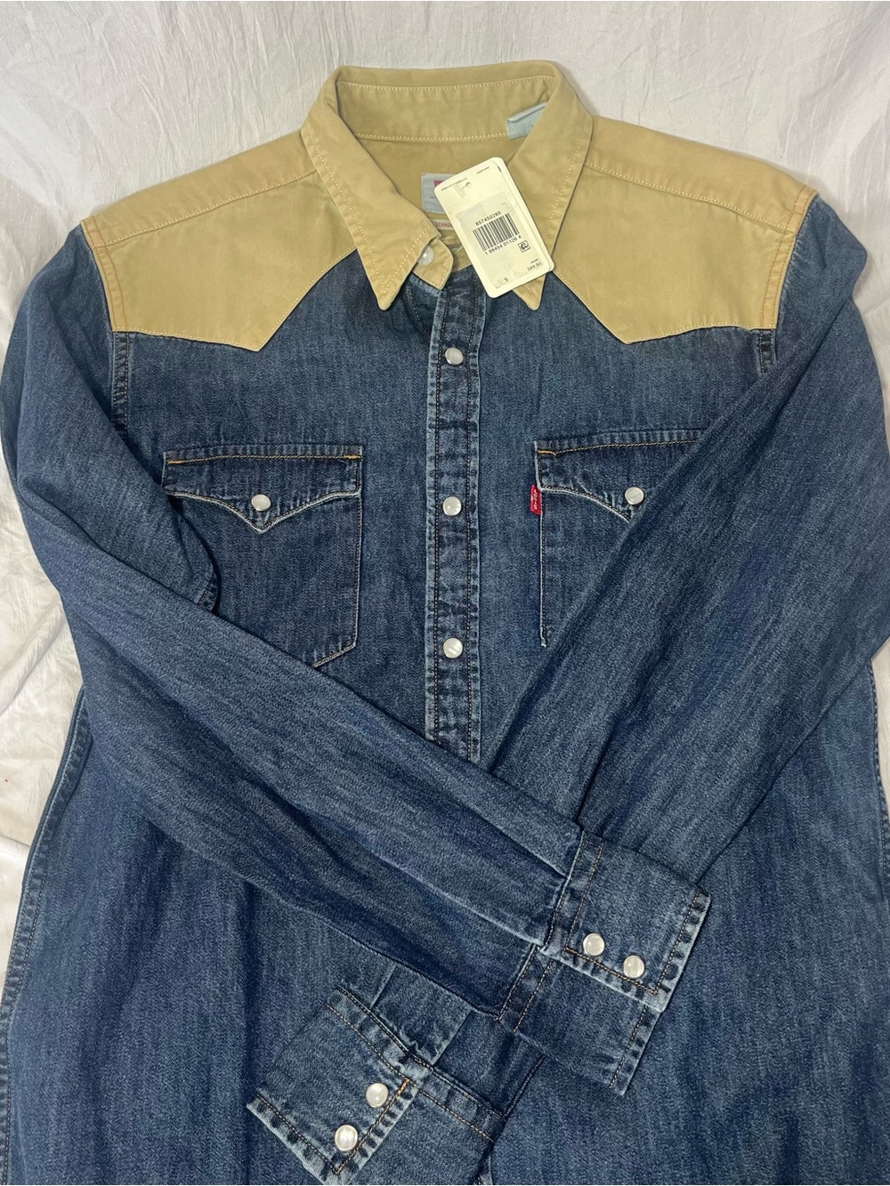Levi’s Mens Small Pearl Snap Blue Beige Denim Harlem Rodeo Western Shirt Horses - Picture 12 of 13